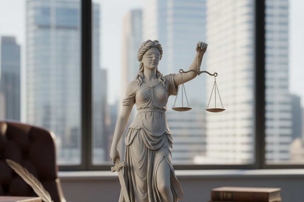 Justizia auf Schreibtisch mit Waage der Gerechtigkeit